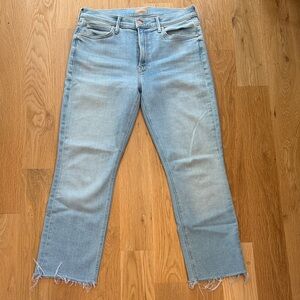 MOTHER Light Blue Straight-Leg Jeans with Frayed Hem